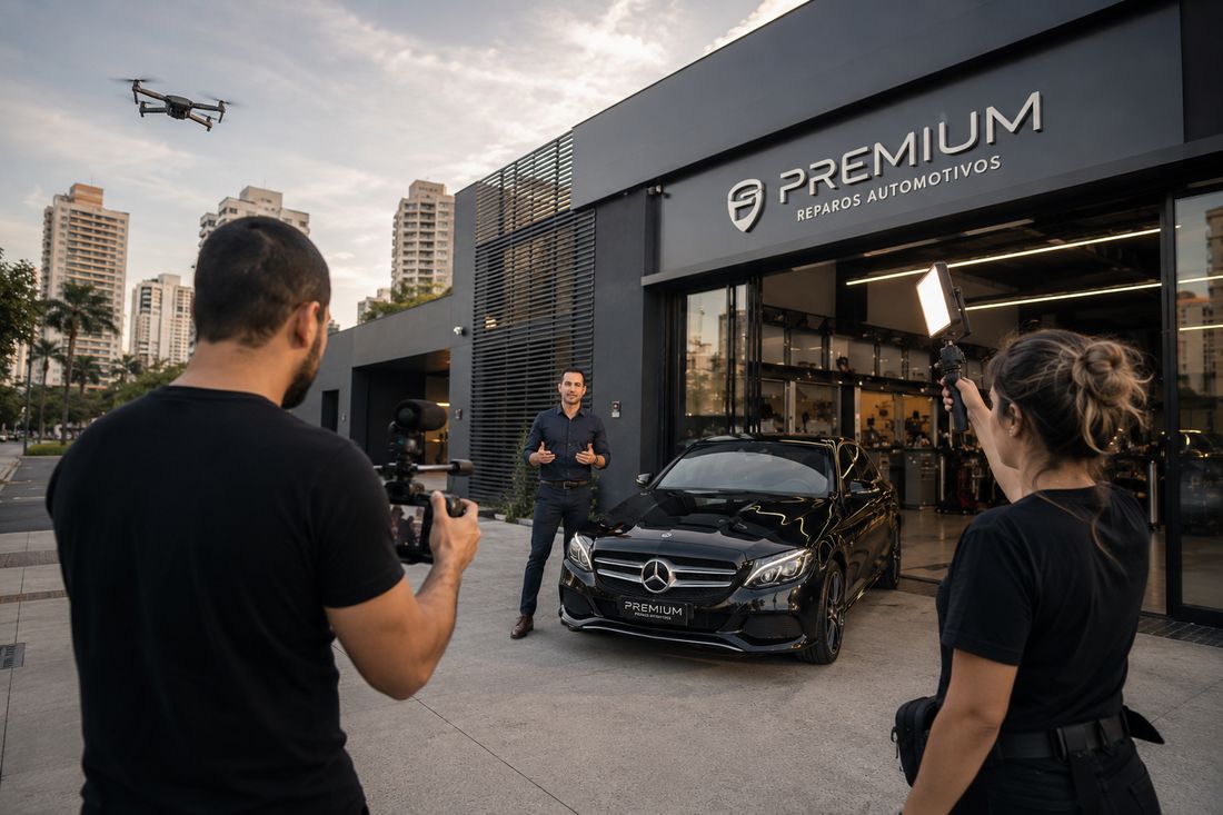 Equipe da Zero 13 Filmes gravando com drone e gimbal nos bastidores de um vídeo institucional para a Premium Reparos Automotivos